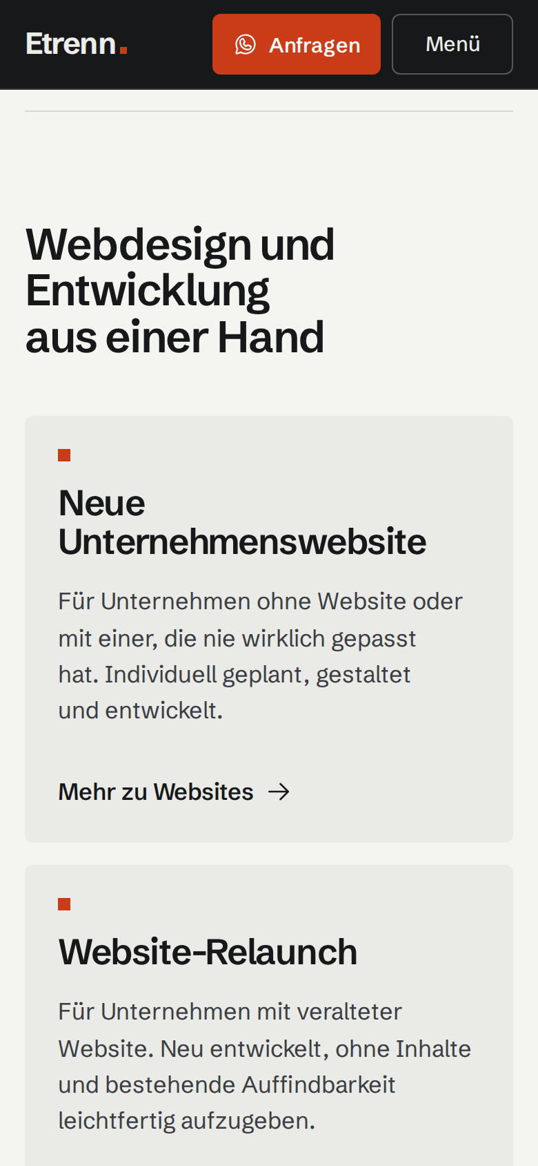 Der Leistungsbereich dieser Website in der Smartphone-Ansicht.